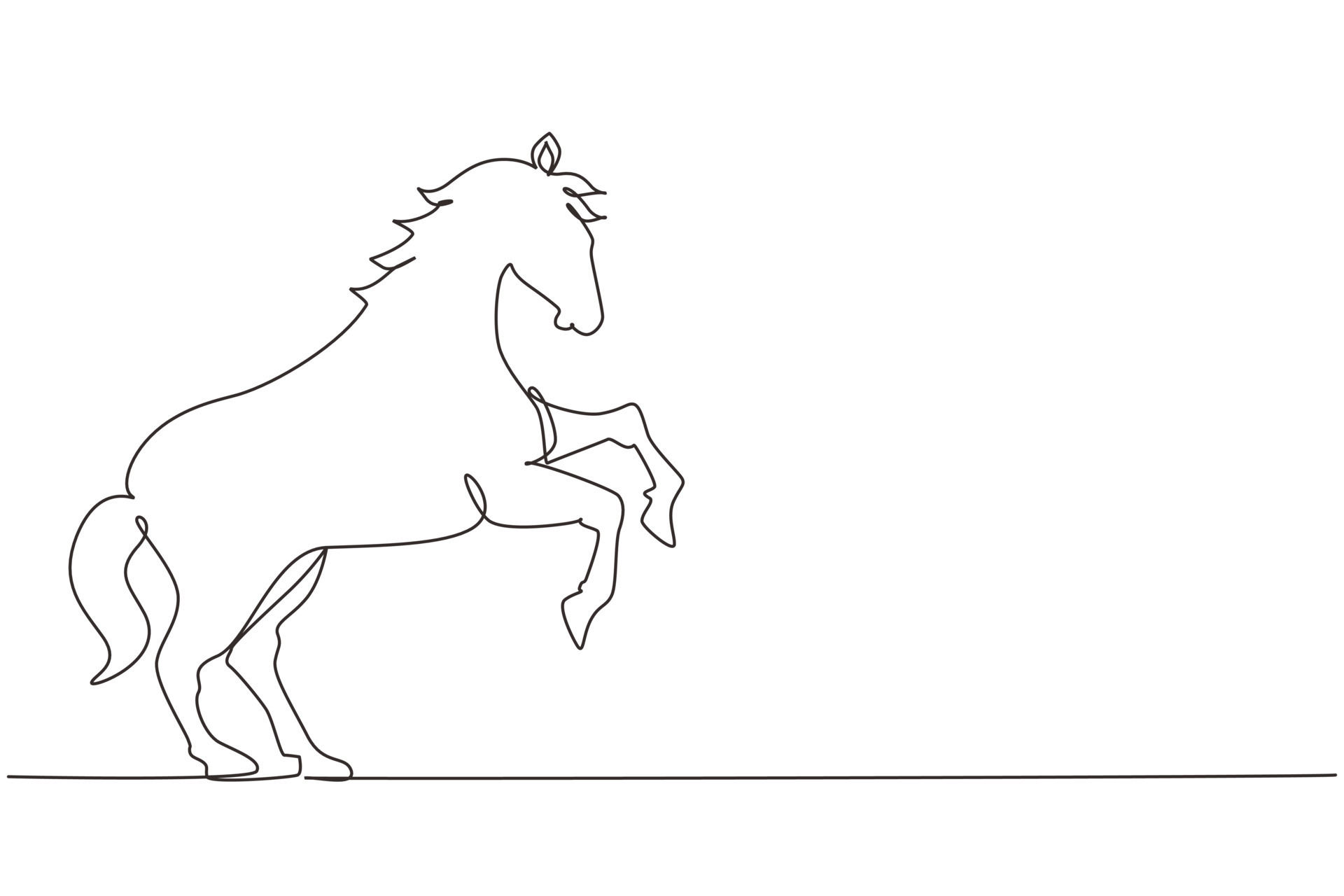 único desenho de uma linha, o cavalo branco orgulhoso anda graciosamente  com o casco dianteiro para a frente. Mustang selvagem galopa na natureza  livre. mascote animal forte. vetor gráfico de design de